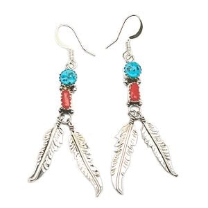Turquoise and Coral Feathers Earrings