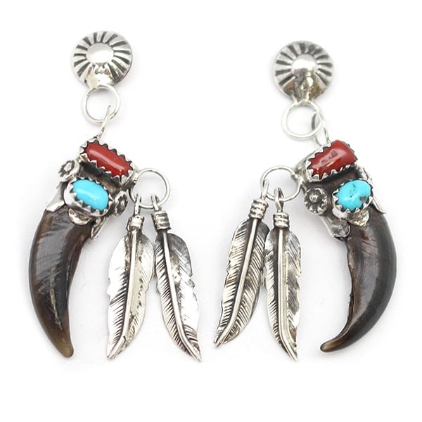 Turquoise & Coral Coyote Claw Earring