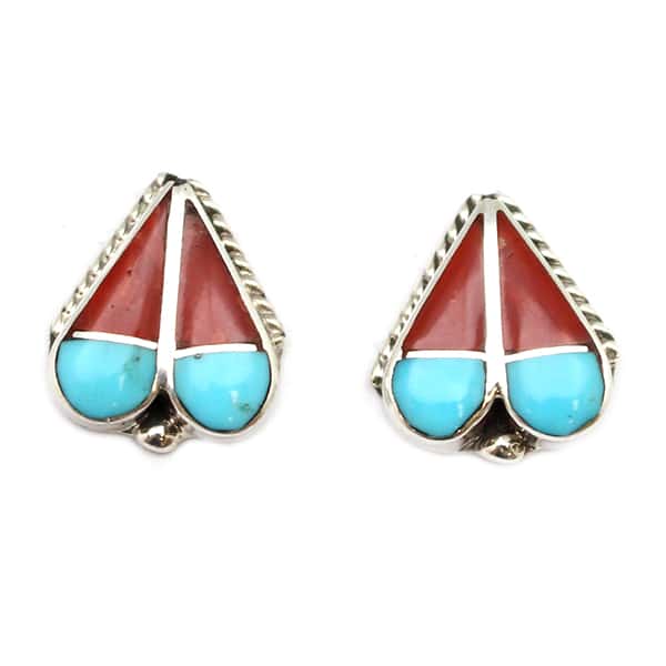 Turquoise and Coral Inlay Post Earrings