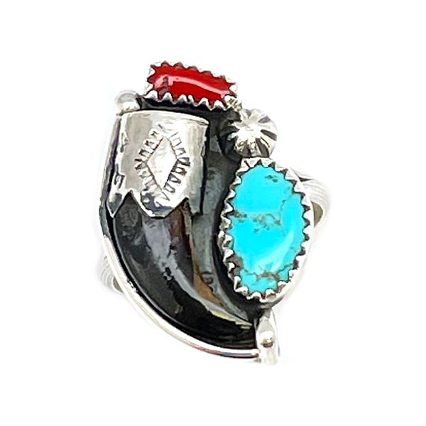 Turquoise & Coral Coyote Claw Ladies Ring (click for sizes available)
