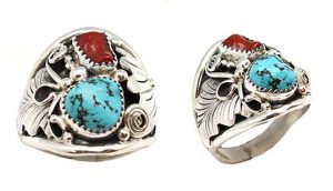 Turquoise and Coral Mens Ring