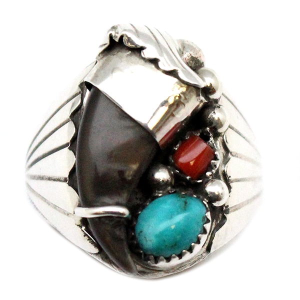 Turquoise & Coral Bear Claw Men's Ring