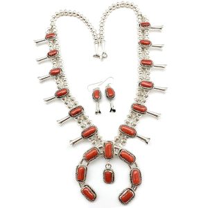 Coral Squash Blossom Necklace and Earring Set