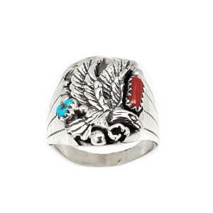 Turquoise and Coral Eagle Men's Ring