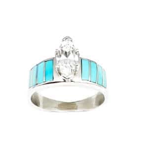 Turquoise and Coral Inlay Ring with CZ