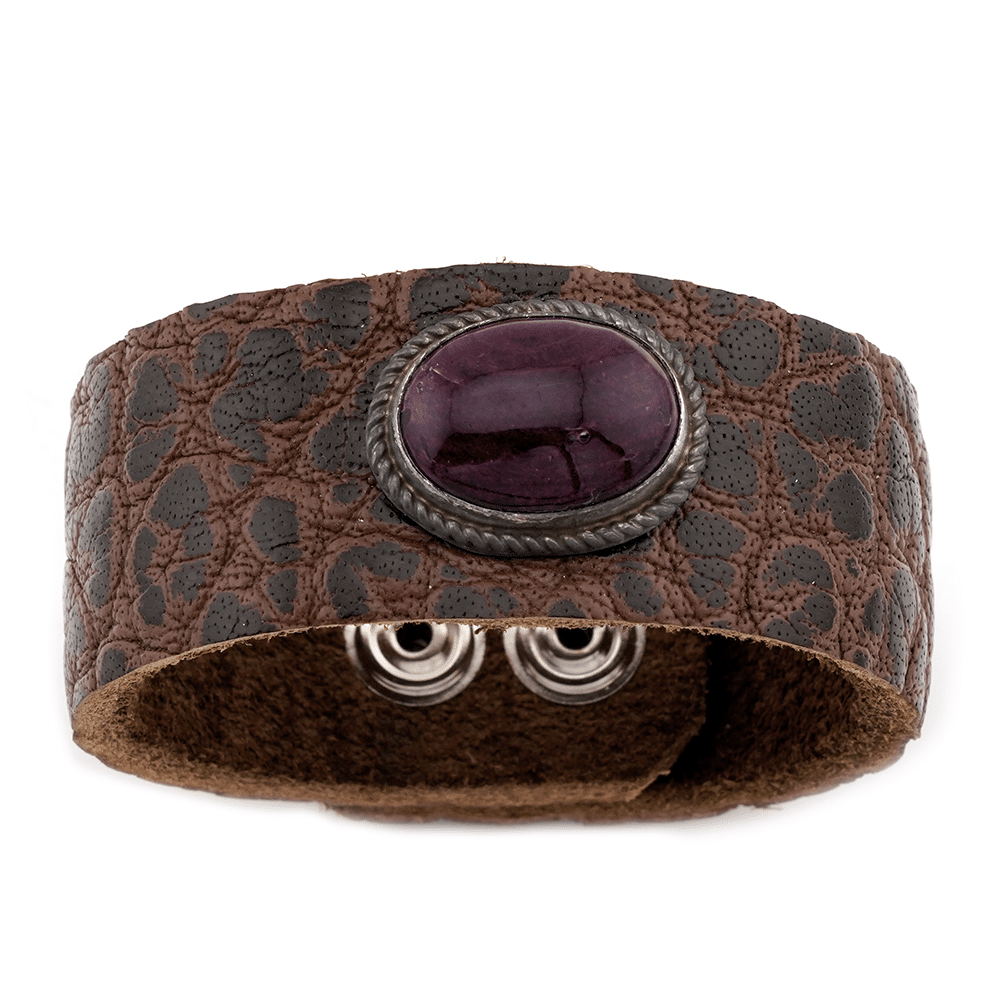 Leather Bracelet With Purple Spiny Oyster Stone