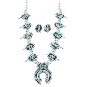 Turquoise Needlepoint Squash Blossom and Earring Set