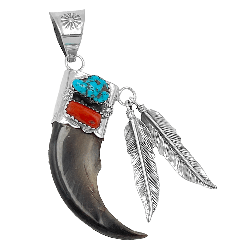Large Bear Claw Pendant with Turquoise, Coral and Feathers